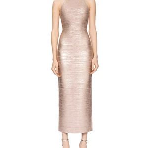 Herve Leger Rose Gold Foiled Halter Bandage Gown